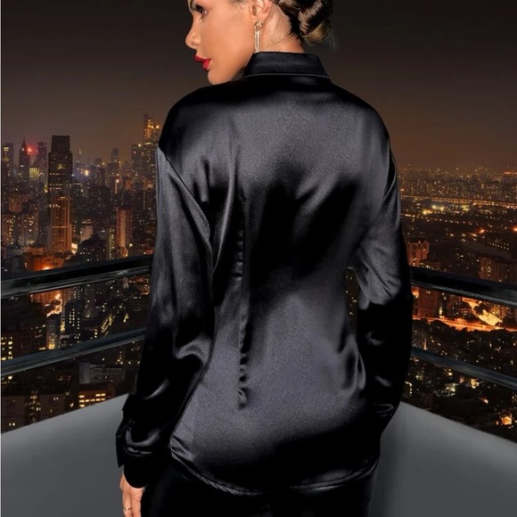 Shein Maite Perroni black satin solid front twist long sleeve blouse shirt - Picture 12 of 12